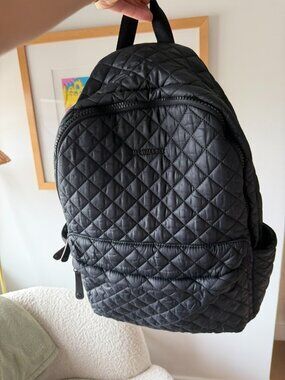 MZ Wallace Metro Backpack Black Quilted Nylon Caramel Trim Gray Interior